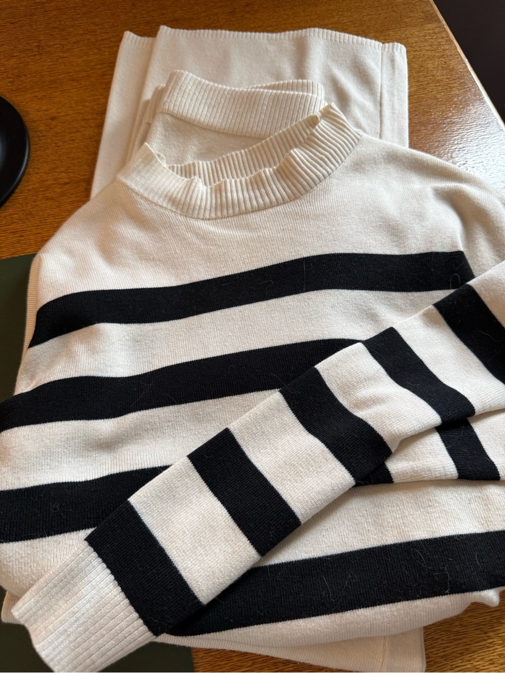 Sincerely Jules Cream and Black Striped Cowl-Neck Sweater and Pant Set.